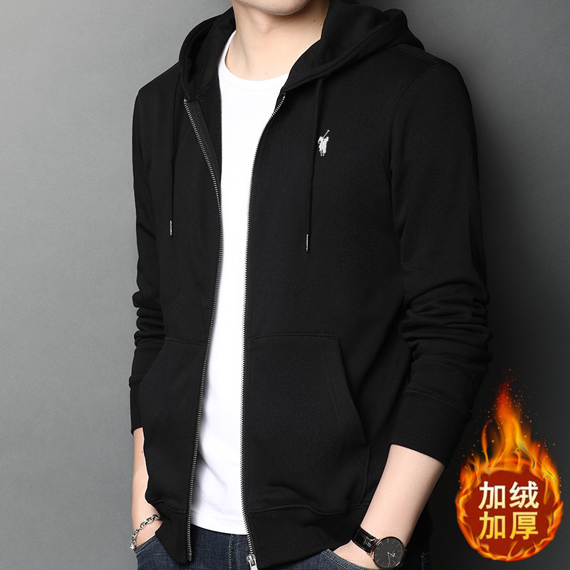 【奥莱品牌折扣】保罗开衫连帽纯棉卫衣男士秋冬加绒加厚拉链外套