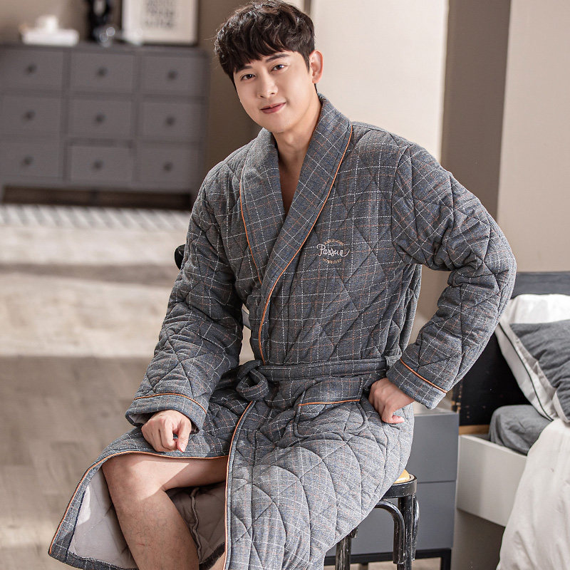 秋冬男士三层加厚夹棉睡衣100%纯棉睡袍浴袍全棉质休闲格子家居服