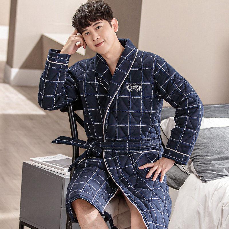 冬季100%棉男士睡袍浴袍加厚保暖睡衣纯棉夹棉长款加大码全棉男款