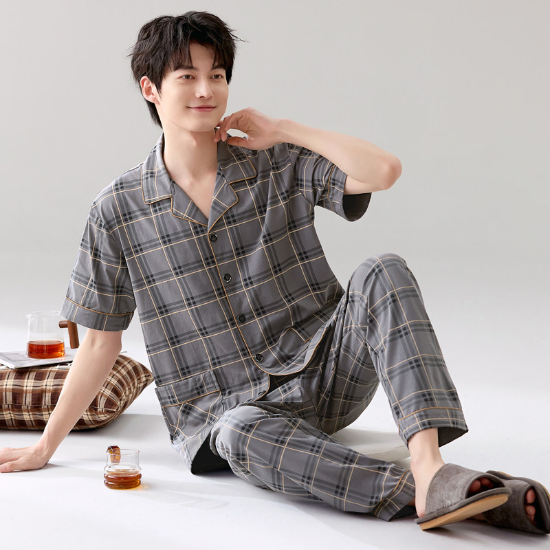 100纯棉男士睡衣夏季短袖中老年爸爸宽松格子全棉家居服可外穿4XL