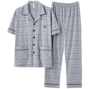 睡衣男款短袖长裤纯棉半袖开衫薄款春夏加肥加大码全棉家居服套装