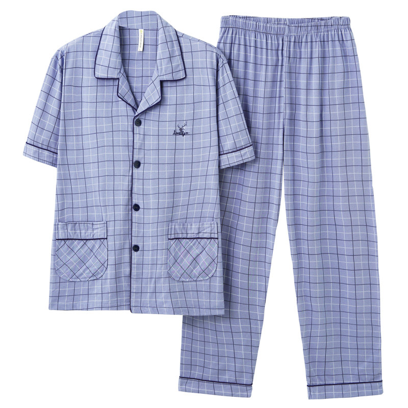 男睡衣夏季100%纯棉短袖长裤薄款加肥加大全棉夏款家居服套装4XL