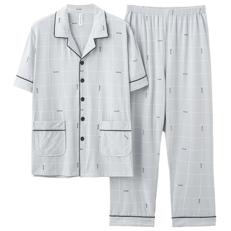 睡衣男士夏季100纯棉短袖长裤家居服男款夏天全棉套装加肥加大4XL