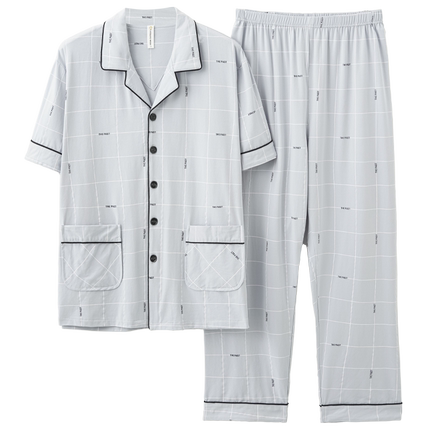 睡衣男士夏季100纯棉短袖长裤家居服男款夏天全棉套装加肥加大4XL
