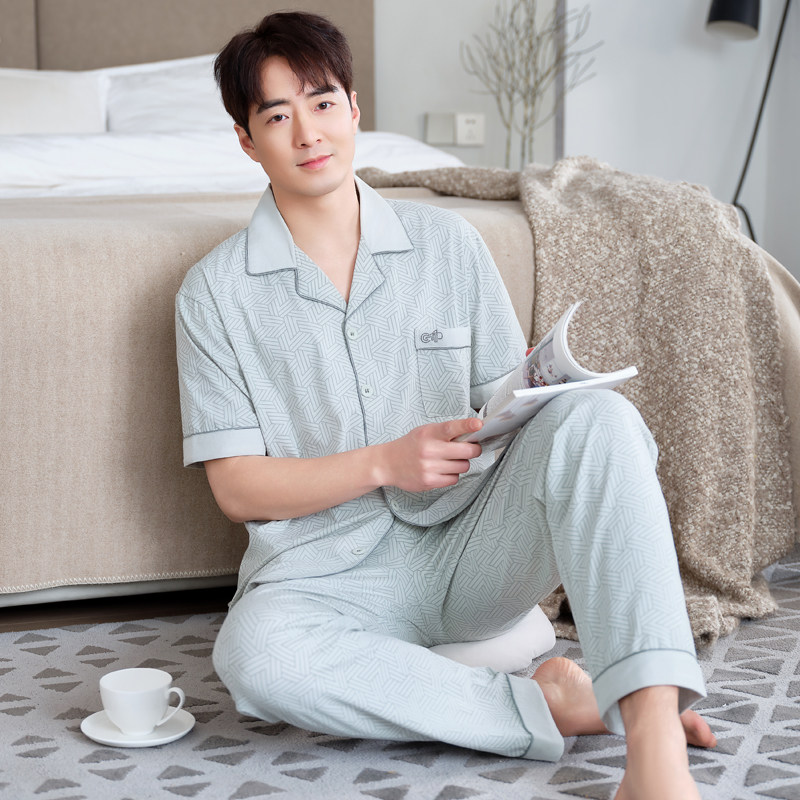 睡衣男夏季100%纯棉短袖长裤男士全棉薄款大码半袖家居服套装4XL