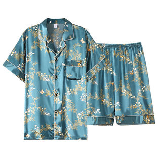 男士睡衣夏季短袖短裤冰丝薄款加大码真丝绸半袖家居服套装两件套