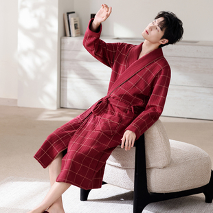 100纯棉睡袍男薄夹棉浴袍春秋季秋冬红色格子夹层全棉喜庆家居服