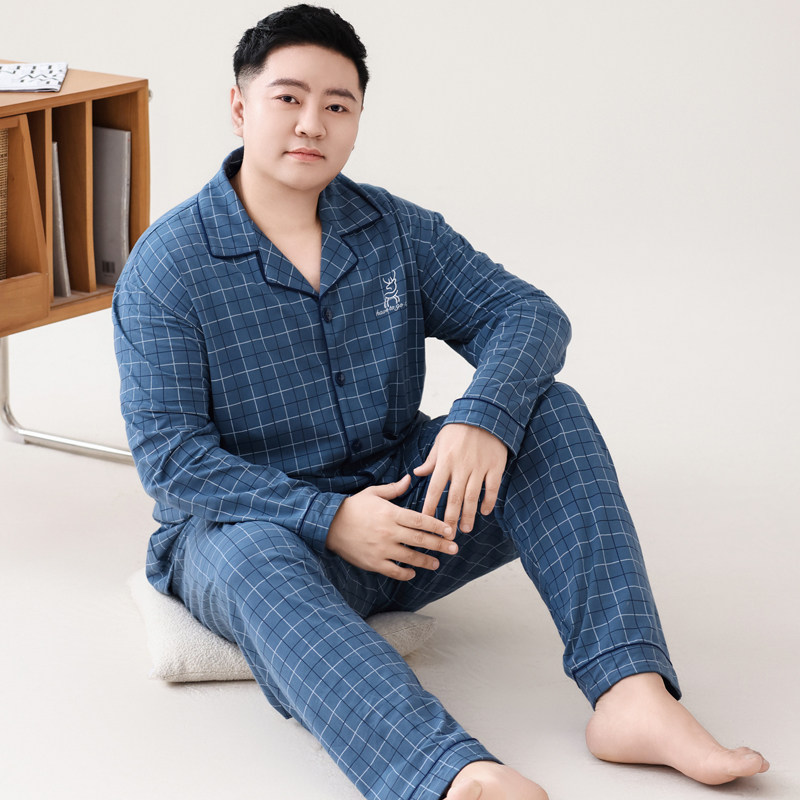 加肥加大睡衣男士胖子春秋100%纯棉大码全棉中老年家居服350斤7XL
