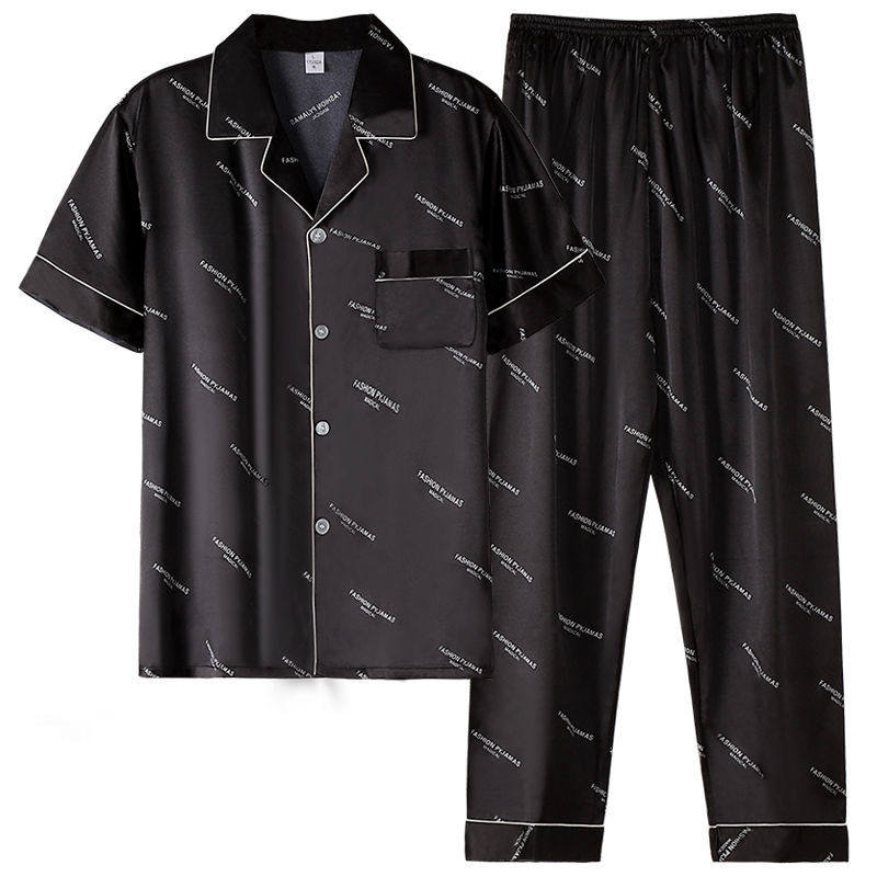 高档睡衣男夏季夏天冰丝仿真丝绸缎短袖长裤家居服黑色开衫高级感