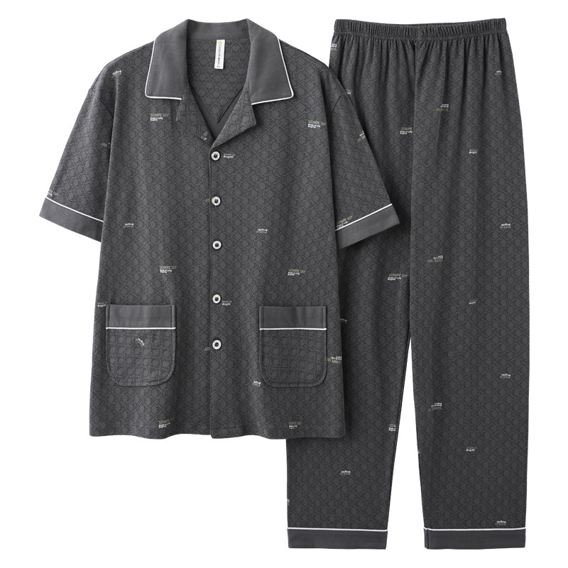 7A抗菌男士睡衣夏季100纯棉短袖长裤套装男款加大码全棉家居服4XL