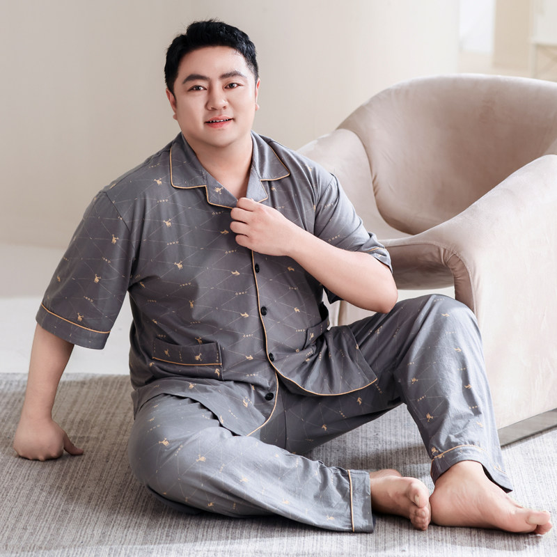 加肥加大码睡衣男100纯棉短袖长裤开衫高档特大码350斤全棉家居服