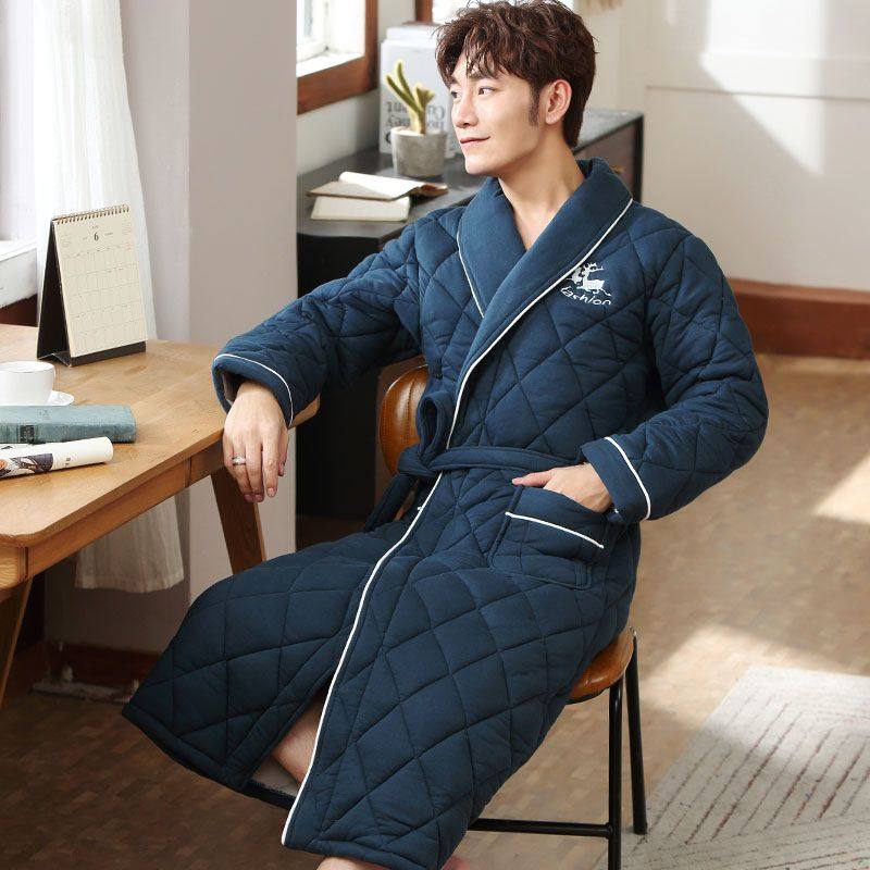 冬季100%棉男士睡袍浴袍加厚保暖睡衣纯棉夹棉长款加大码全棉男款