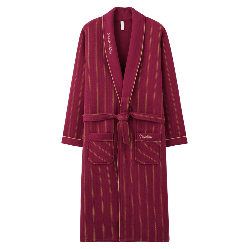 抗菌男睡衣100纯棉夹层棉秋冬全棉薄夹棉红色条纹家居服大码浴袍