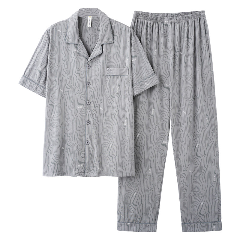 睡衣男士夏季100%纯棉短袖长裤男式开衫全棉家居服大码可外穿套装