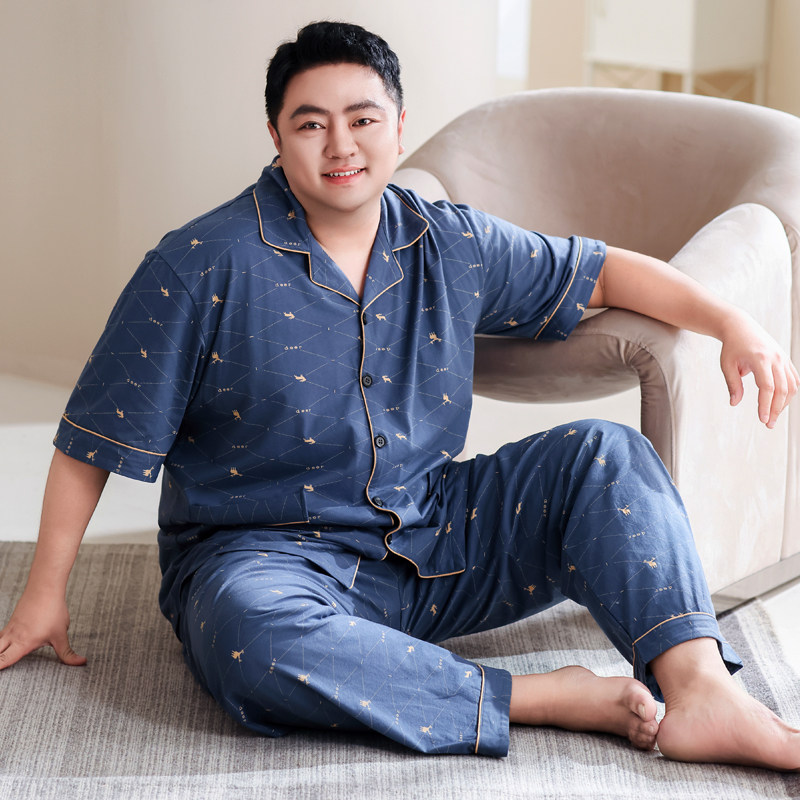 纯棉睡衣男加肥加大100%全棉短袖长裤特大350斤胖子家居服套装7XL