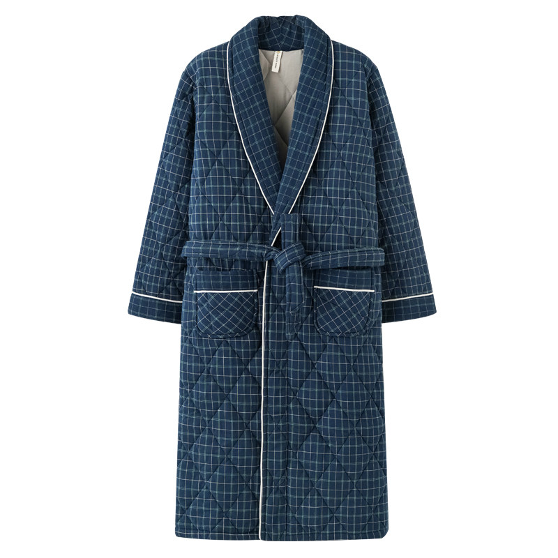 冬季100%棉男士睡袍浴袍加厚保暖睡衣纯棉夹棉长款加大码全棉男款