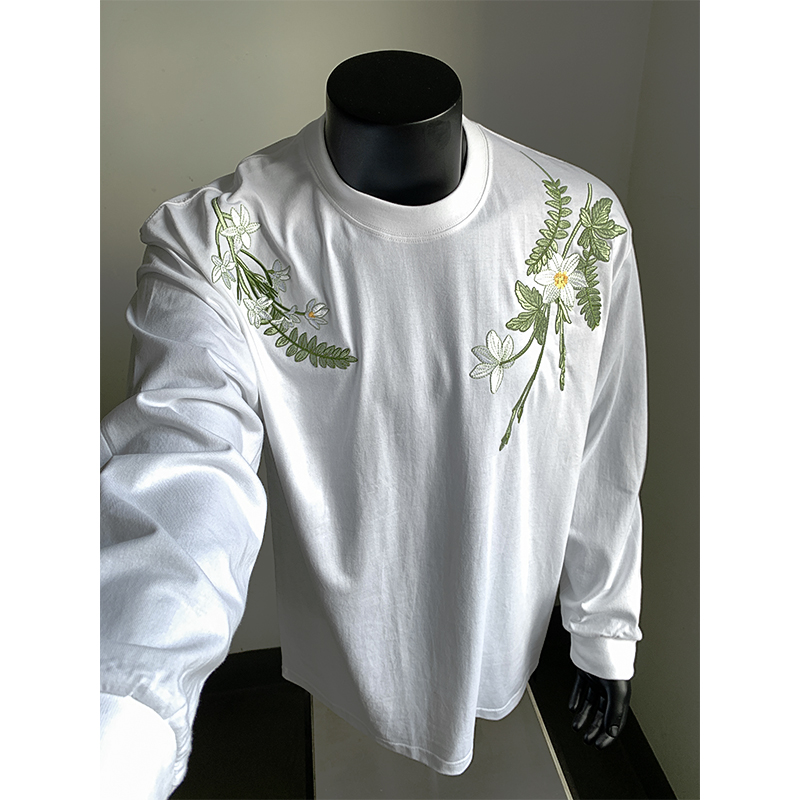 现货+夏秋前后片植绒绣花纯棉长袖T恤W1312/特P38，男装T恤，电商B350
