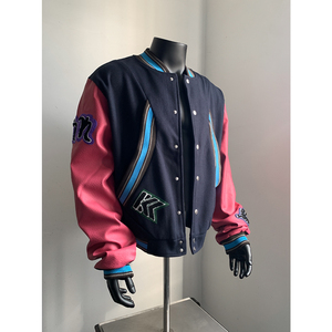 现货+hype yourself美式PU皮拼毛呢植绒绣花棒球服外套 W1316/P95图片