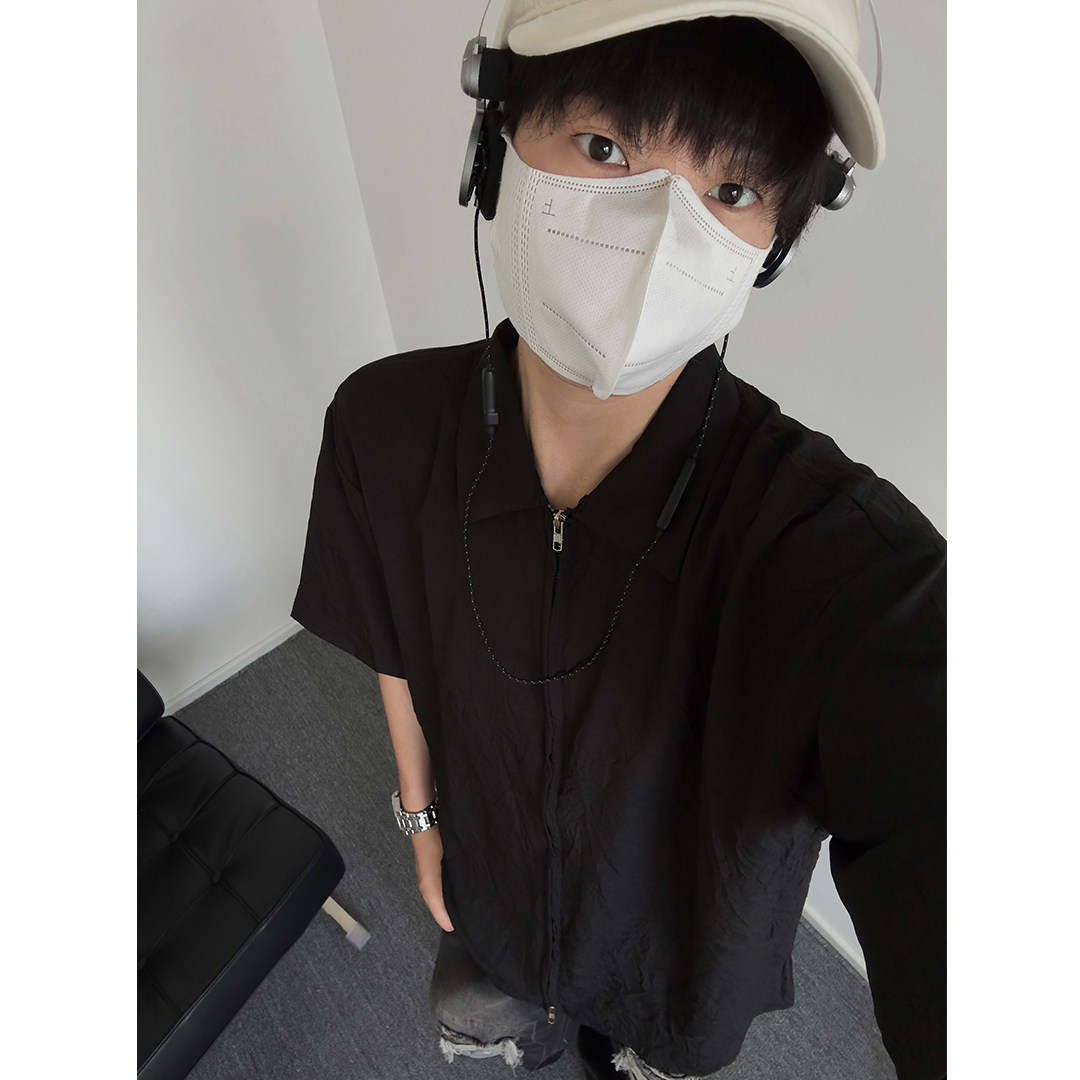 现货+夏款高级感肌理褶皱衬衣翻领拉链冰丝衬衫W821/P50限69,男装衬衫,电商B350