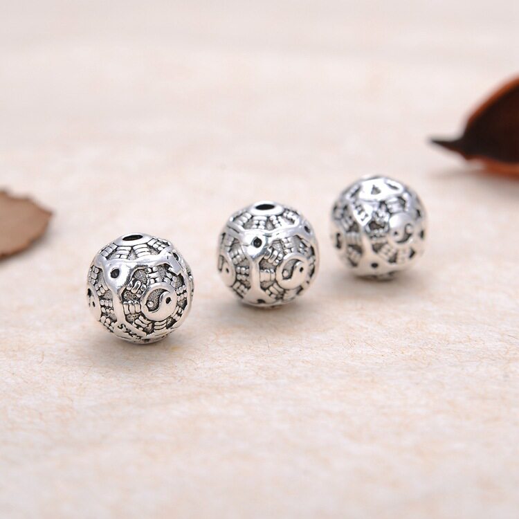 S925纯银隔珠配件 8mm 10mm阴阳八卦珠佛链手工手链水晶配饰材料
