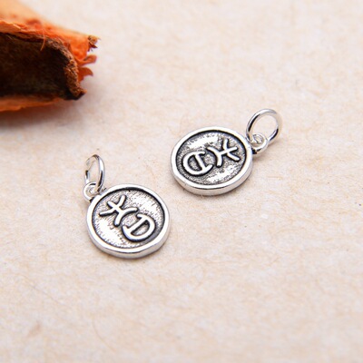 S925纯银泰银挂件 吉字圆牌小吊坠 手工手链水晶配饰配件