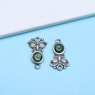 S925纯银镶嵌翡翠干青蝴蝶双环绑绳手工手链项链配饰配件材料