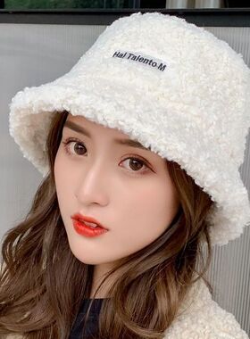 羊羔毛帽子女ins韩版网红渔夫帽日系秋冬加绒保暖刺绣圆脸盆帽潮