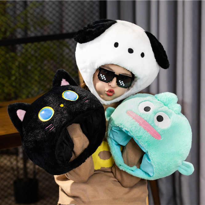 黑猫头套可爱卡通毛绒动物三丽鸥白色线条狗帽子沙雕怪鱼拍照道具
