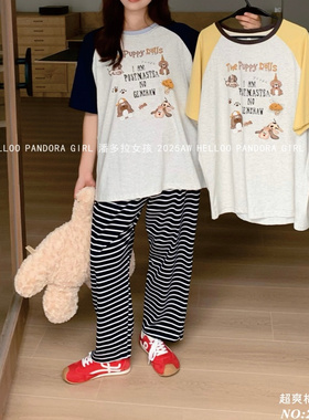 潘多拉女孩夏季新款针织纯棉卡通睡衣短袖长裤家居服套装26025