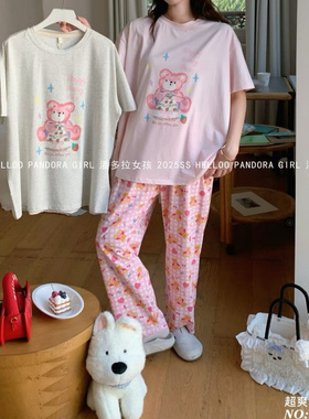 潘多拉女孩夏季新款针织纯棉卡通睡衣短袖长裤家居服套装26058