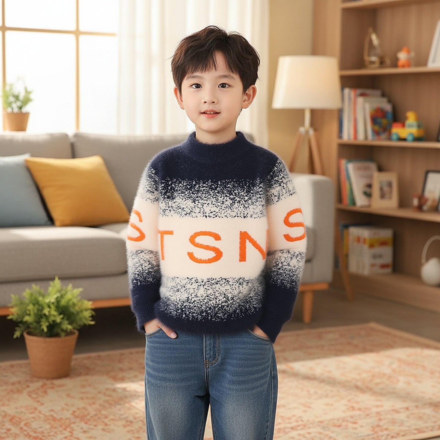 儿童针织衫男童水貂绒毛衣秋冬学生内搭中大童男孩字母渐变毛线衣