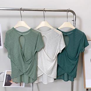 lu同款普拉提瑜伽服女竹节纱透气运动上衣镂空交叉美背健身短袖