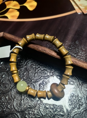 普陀山绿檀木竹节小手串带跑环文玩木质工艺饰品男女款手链佛珠