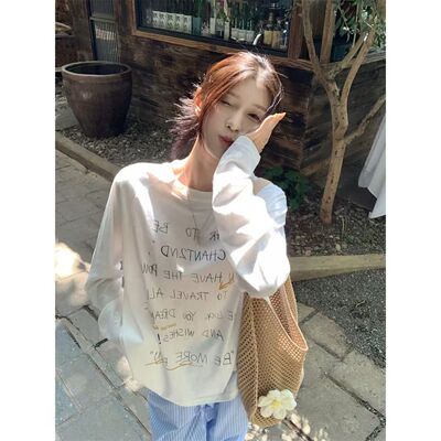夏季新款宽松微透防晒罩衫T恤女小众字母印花圆领长袖上衣