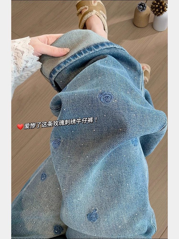 冬季加绒复古水洗蓝刺绣直筒女士宽松显瘦阔腿裤子