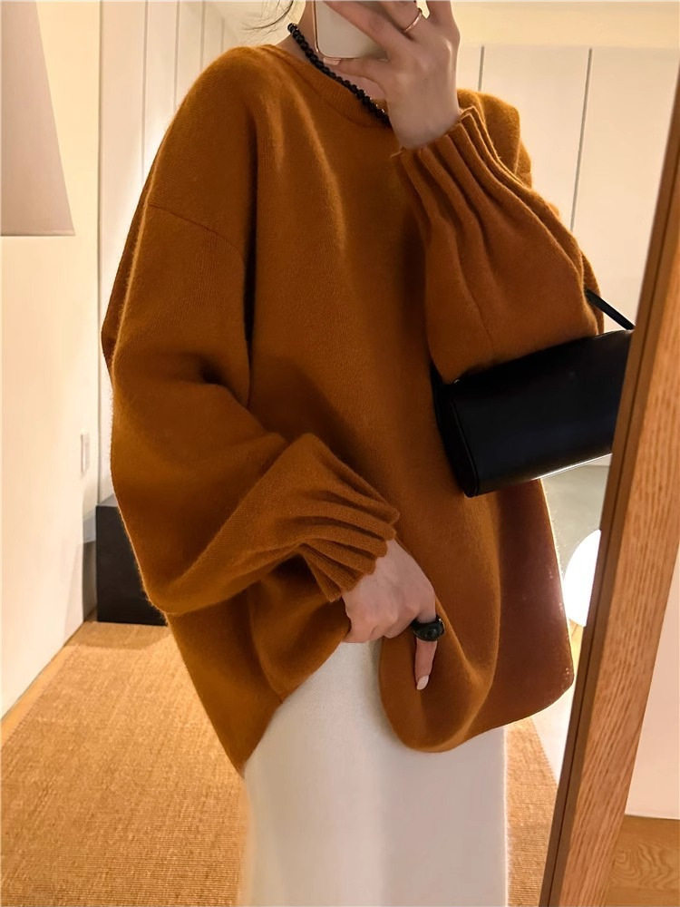 韩版冬季新款灯笼袖圆领针织毛衣女士宽松慵懒打底衫