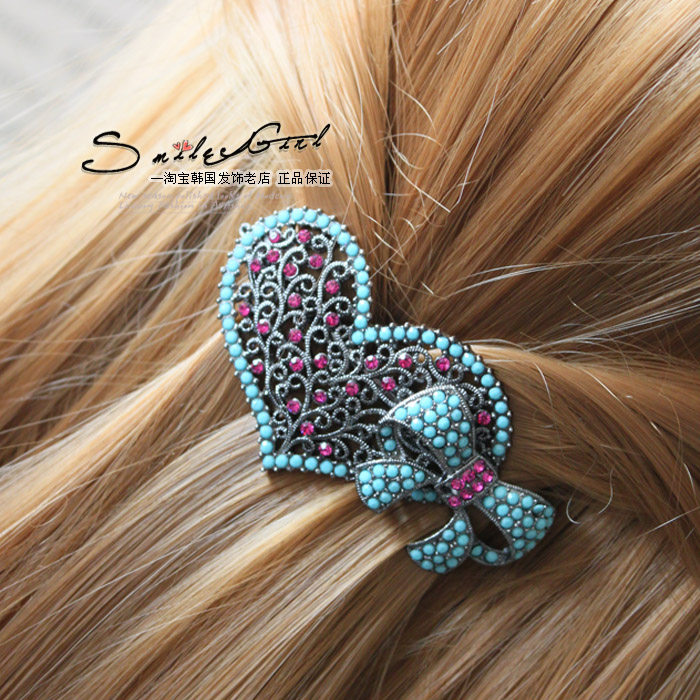 韩国进口发饰淑女beaumira闪耀爱心蝴蝶结满钻镶钻发夹刘海夹边夹