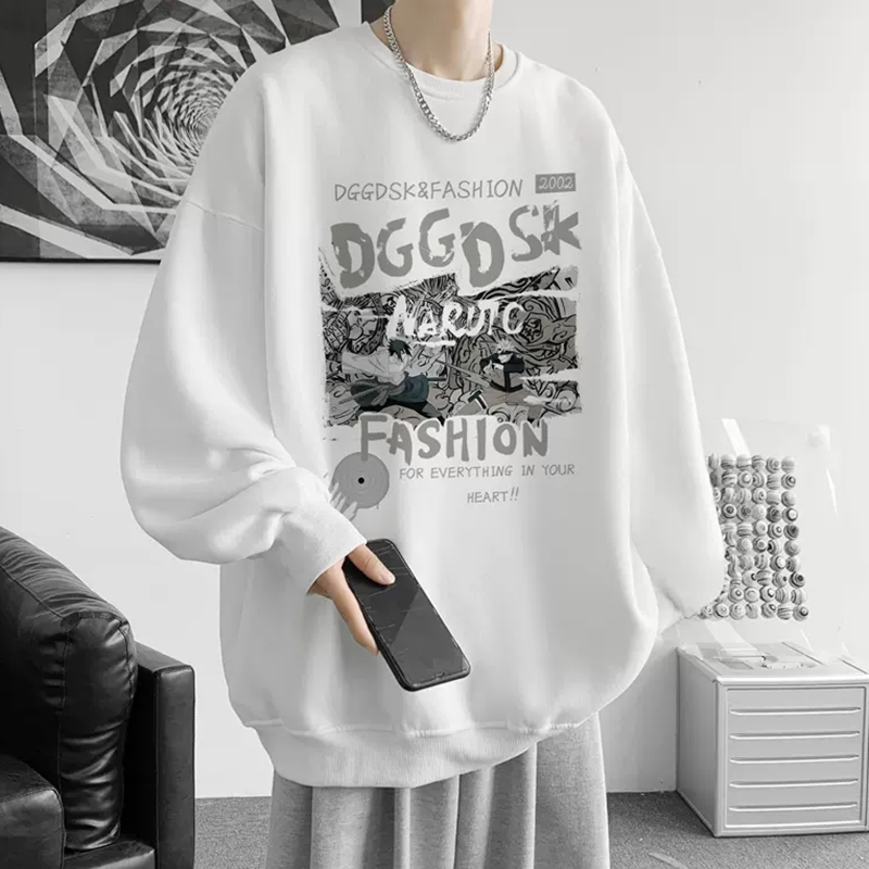 日系动漫薄款圆领无帽卫衣男春秋冬季高级感高中生衣服加绒打底衫