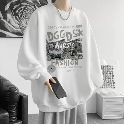 日系动漫薄款圆领无帽卫衣男春秋冬季高级感高中生衣服加绒打底衫