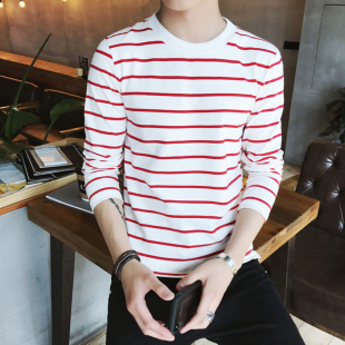 修身 韩版 潮流简约条纹体恤圆领秋冬季 百搭薄款 长袖 打底衫 T恤男士