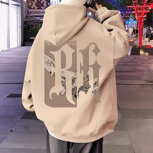 连帽卫衣男秋冬季宽松大码美式印花加绒加厚潮牌带帽衫套头薄外套