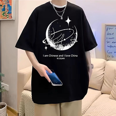 冰丝短袖t恤男款夏季潮牌宽松半袖青少年上衣服男生美式黑色体恤