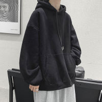 Fleece hooded sweatshirt, men's trendy brand ins solid color top, spring and winter hoodies, couple loose pure black coat thumbnail 2