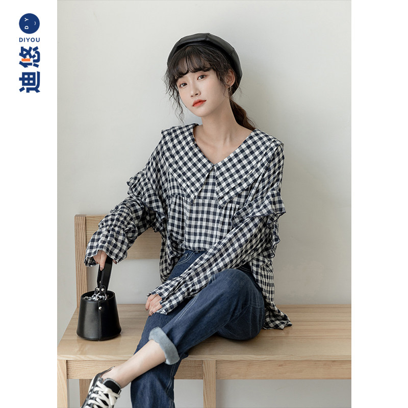 2020秋季锁骨上衣设计感小众棉麻格子衬衫女娃娃领双层领宽松衬衣