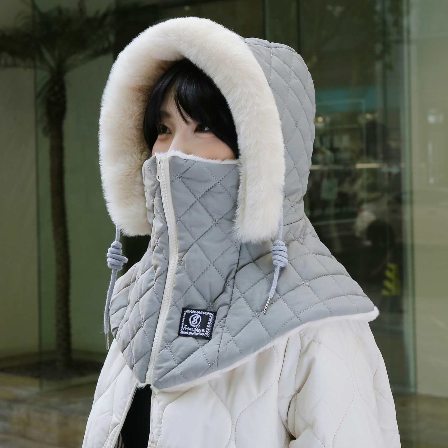 帽子女冬季骑行骑电动车保暖加绒加厚棉帽防寒面罩护颈披肩1129e