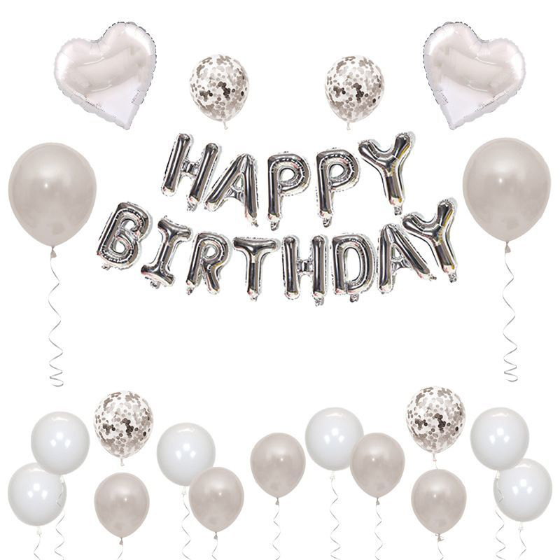 银色生日快乐英文大写字母铝膜气球拉旗儿童周岁派对背景拍照布置