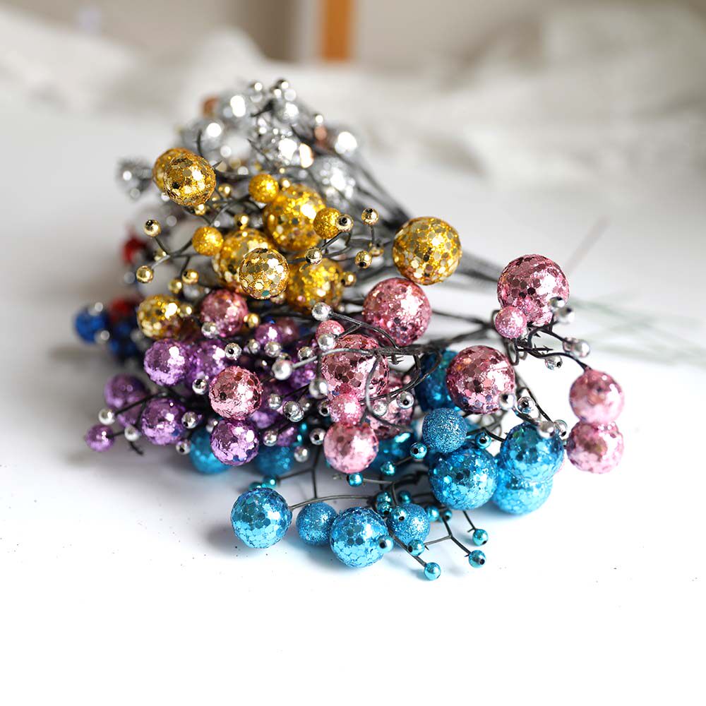 柔蓝若婷 圣诞果子插枝 圣诞仿真花波波球 圣诞装饰闪粉金银果子