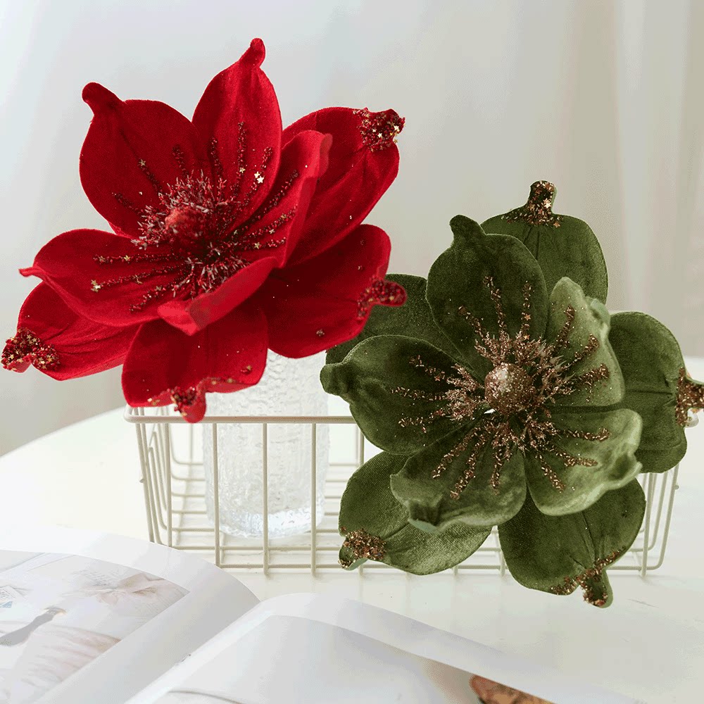 RLRTi 圣诞节装饰品25cm高档绒布仿真玉兰花圣诞树装饰品花配件