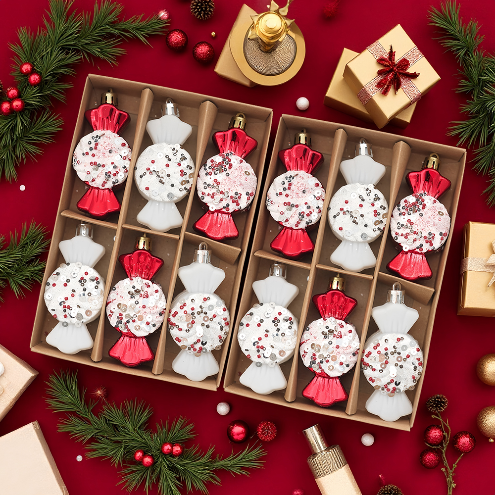 2025新款 6个装塑料糖果装饰圣诞树挂饰带挂绳圣诞节装饰布置道具