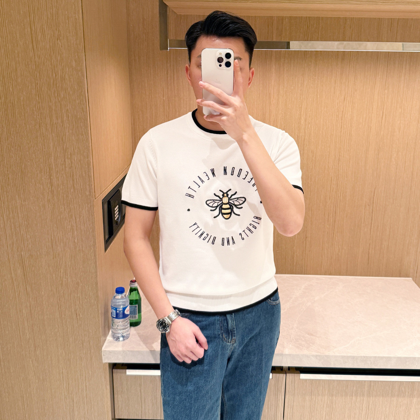 yomobrother小蜜蜂刺绣修身男士短袖t恤秋衣男款上衣内搭打底衫男
